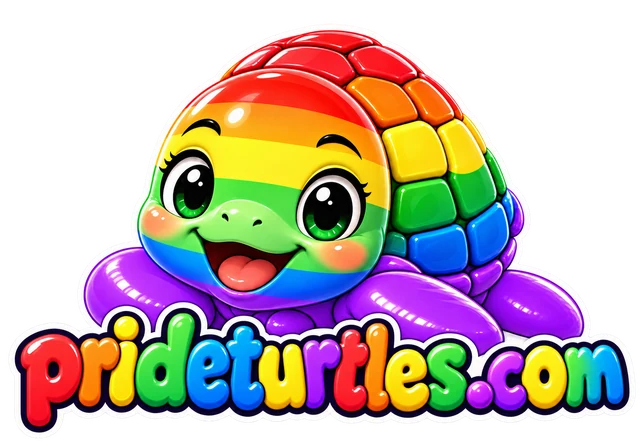 prideturtles.com, a smiling rainbow turtle with purple flippers